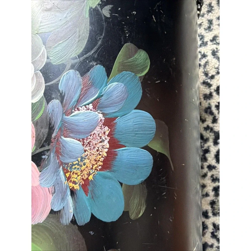 VTG Hand Painted Floral Metal Wastebasket Black Pierced Lattice Toleware Worn!